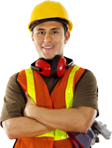 A worker is smiling with arms cross and wearing a hrad yellow hat and vet